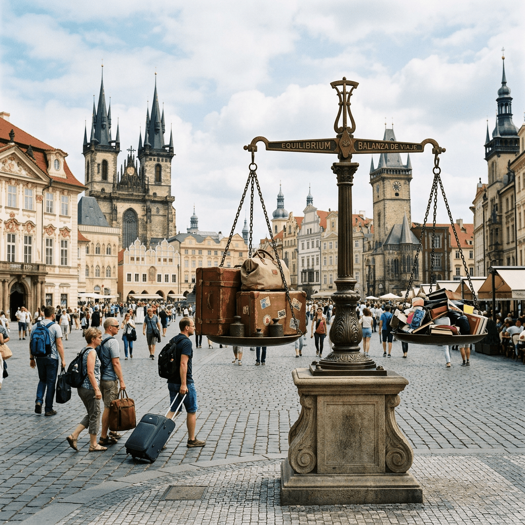 Balance scale sculpture with luggage and books in Prague Old Town Square